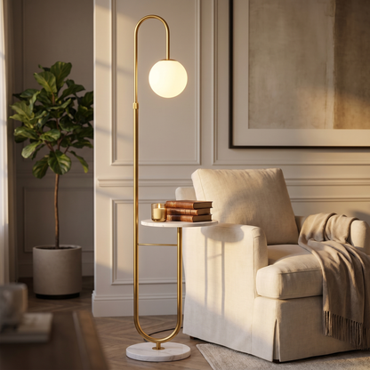 Orbita Globe Floor Lamp with Marble Side Table 153cm