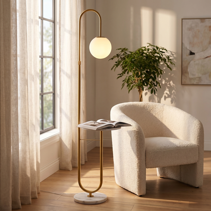 Orbita Globe Floor Lamp with Marble Side Table 153cm
