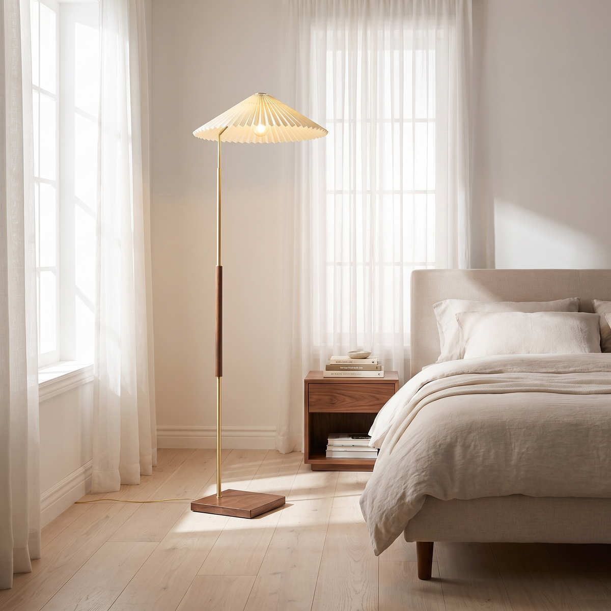 
Margherita Dorata Pleated Parasol Floor Lamp Walnut Brass 165cm