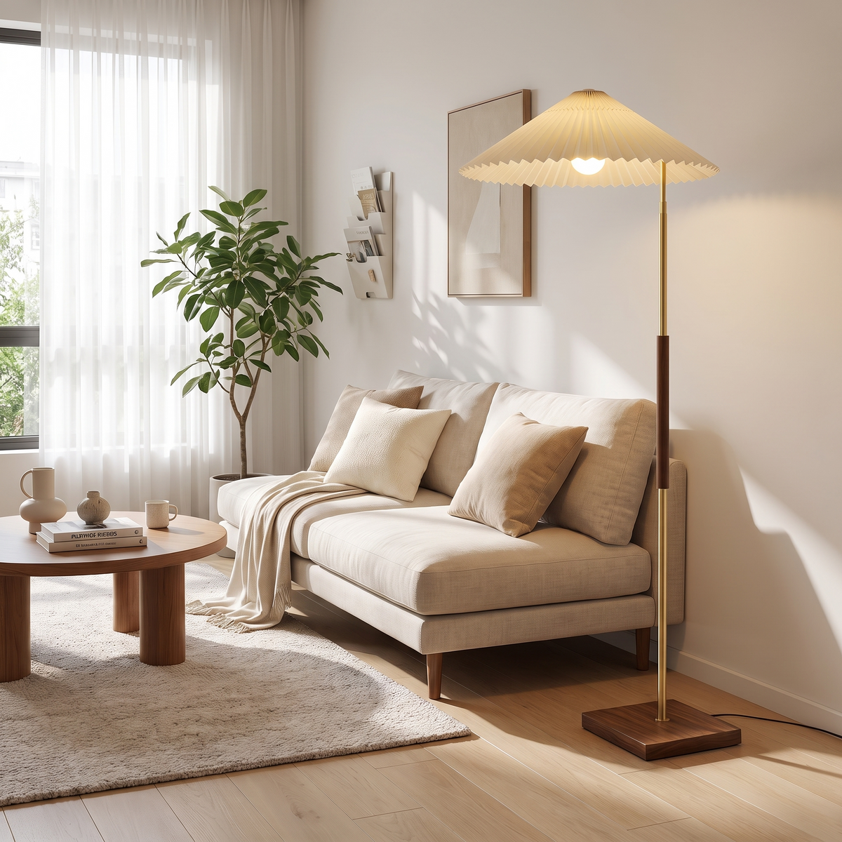 
Margherita Dorata Pleated Parasol Floor Lamp Walnut Brass 165cm