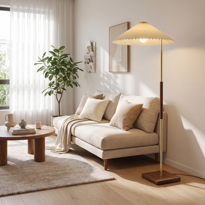 Margherita Dorata Pleated Parasol Floor Lamp Walnut Brass 165cm