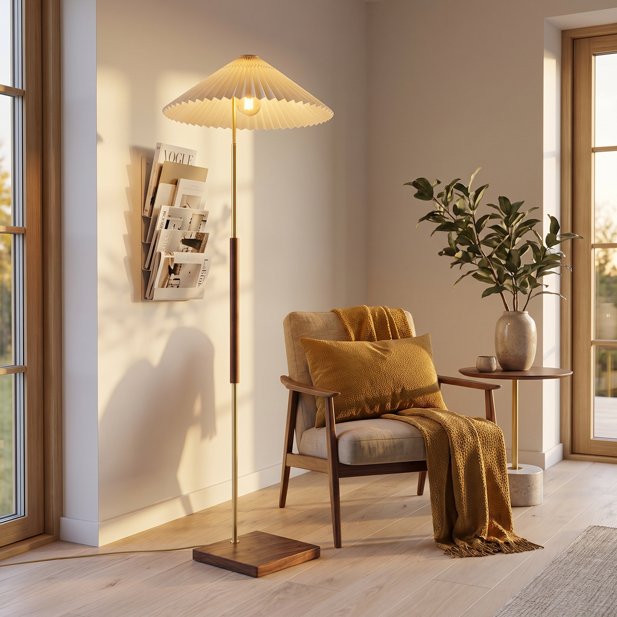 
Margherita Dorata Pleated Parasol Floor Lamp Walnut Brass 165cm