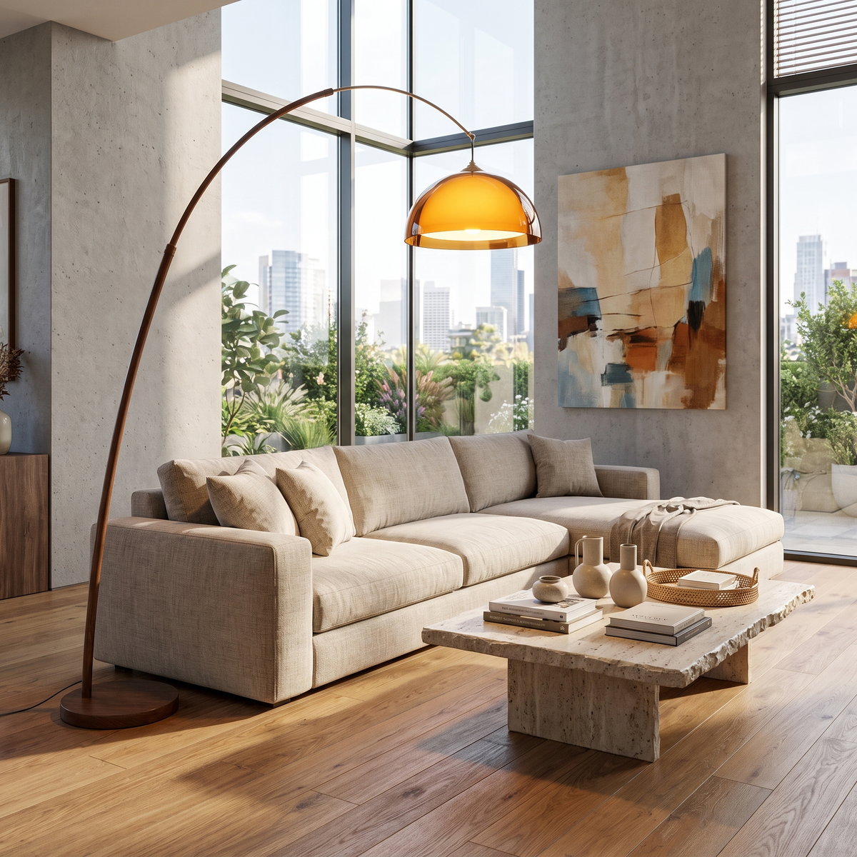 
Ventoro Walnut Arc Floor Lamp with Amber Dome Shade 165cm
