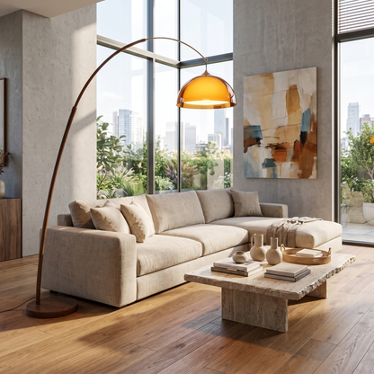 Ventoro Walnut Arc Floor Lamp with Amber Dome Shade 165cm