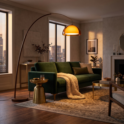 Ventoro Walnut Arc Floor Lamp with Amber Dome Shade 165cm